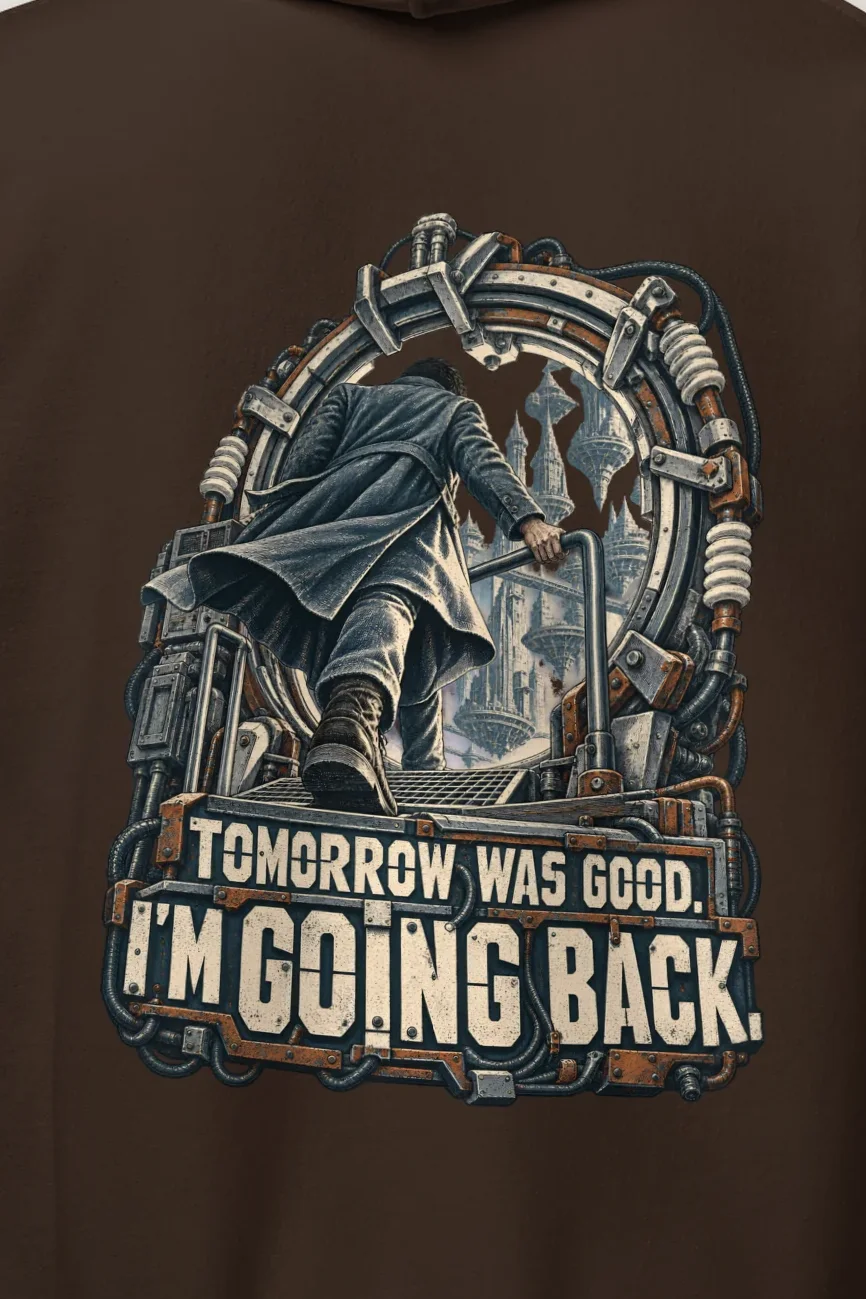 "Tomorrow Was Good, I’m Going Back" Heavy Blend Unisex Pullover Hoodie - the graphic up close