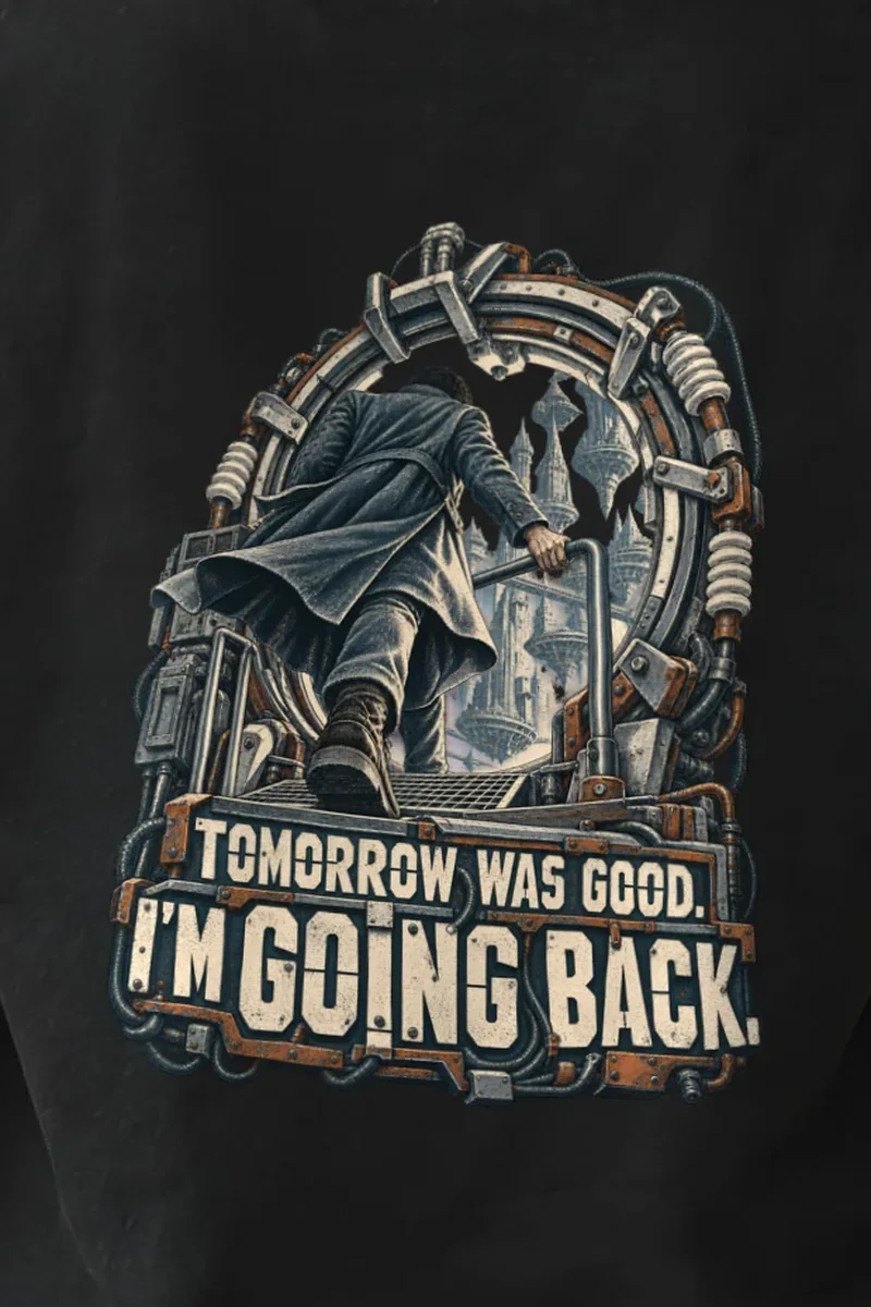 "Tomorrow Was Good, I’m Going Back" Heavyweight Unisex Crewneck T-shirt - the graphic up close