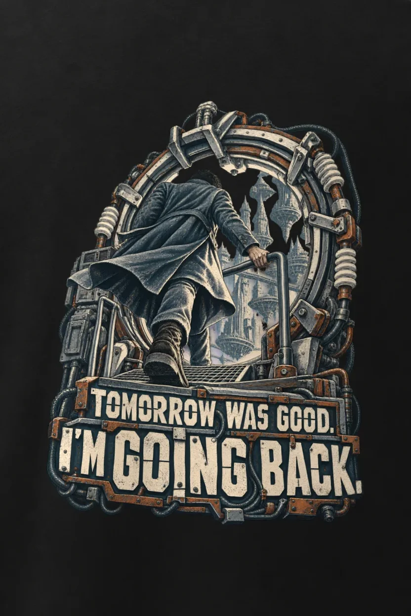 "Tomorrow Was Good, I’m Going Back" Men’s Oversized Heavyweight Crewneck T-Shirt - the graphic up close