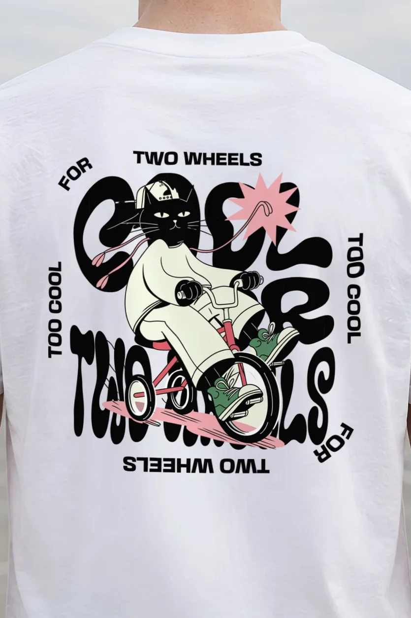 "Too Cool Two Wheels" Heavyweight Unisex Crewneck T-shirt - the graphic up close