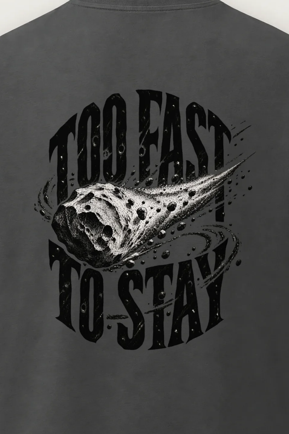 "Too Fast to Stay" Men’s Oversized Heavyweight Crewneck T-Shirt - the graphic up close