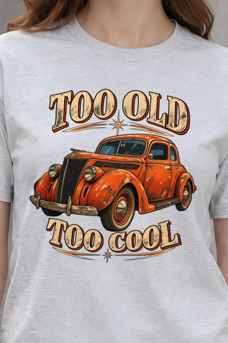 "Too Old Too Cool" Heavyweight Unisex Crewneck T-shirt - the graphic up close