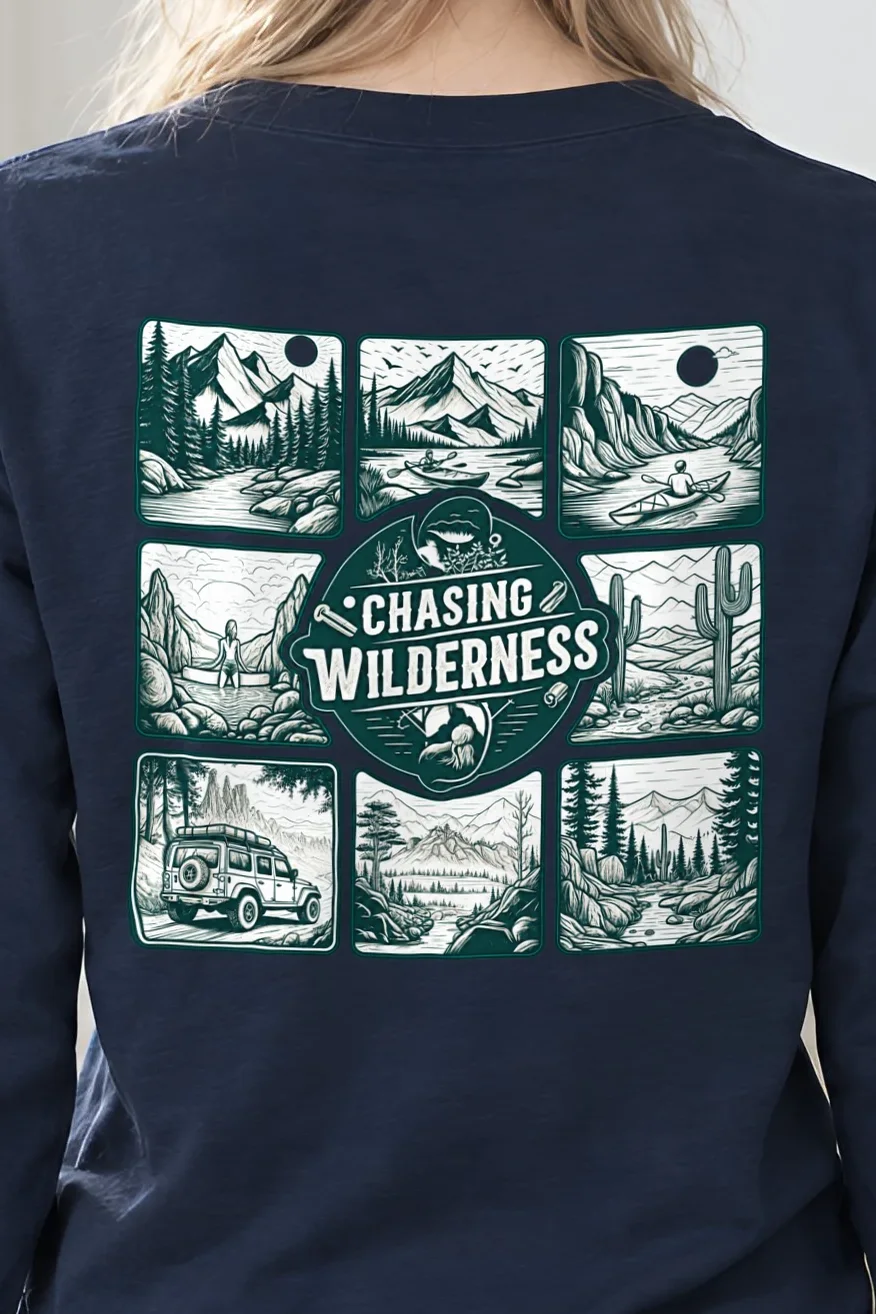 "Trailbound Heritage" Unisex Longsleeve T-shirt - the graphic up close