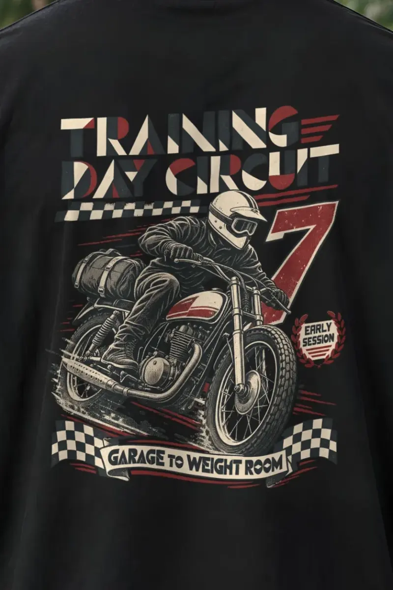 "Training Day Circuit" Men’s Oversized Heavyweight Crewneck T-Shirt - the graphic up close