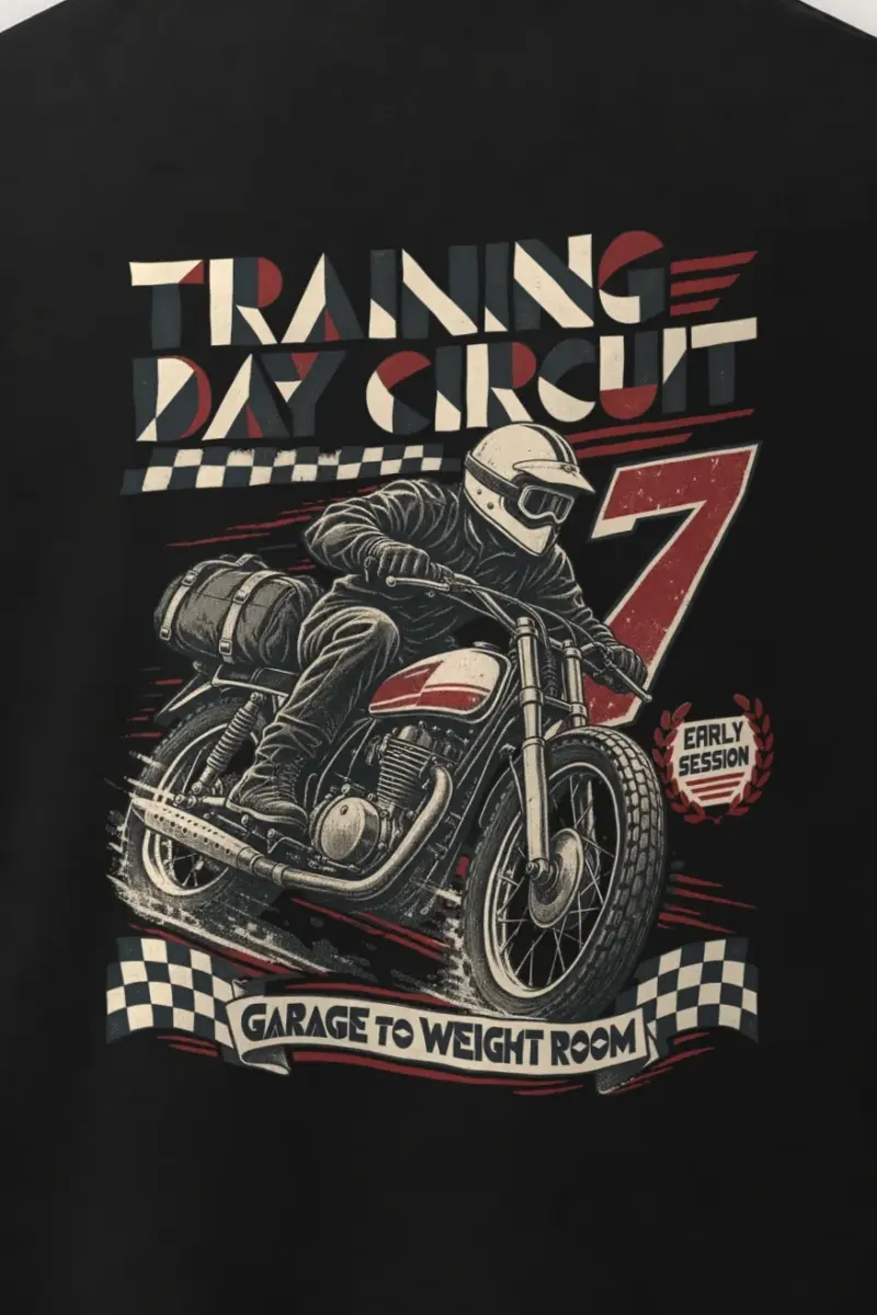 "Training Day Circuit" Men’s Oversized Heavyweight Crewneck T-Shirt - the graphic up close