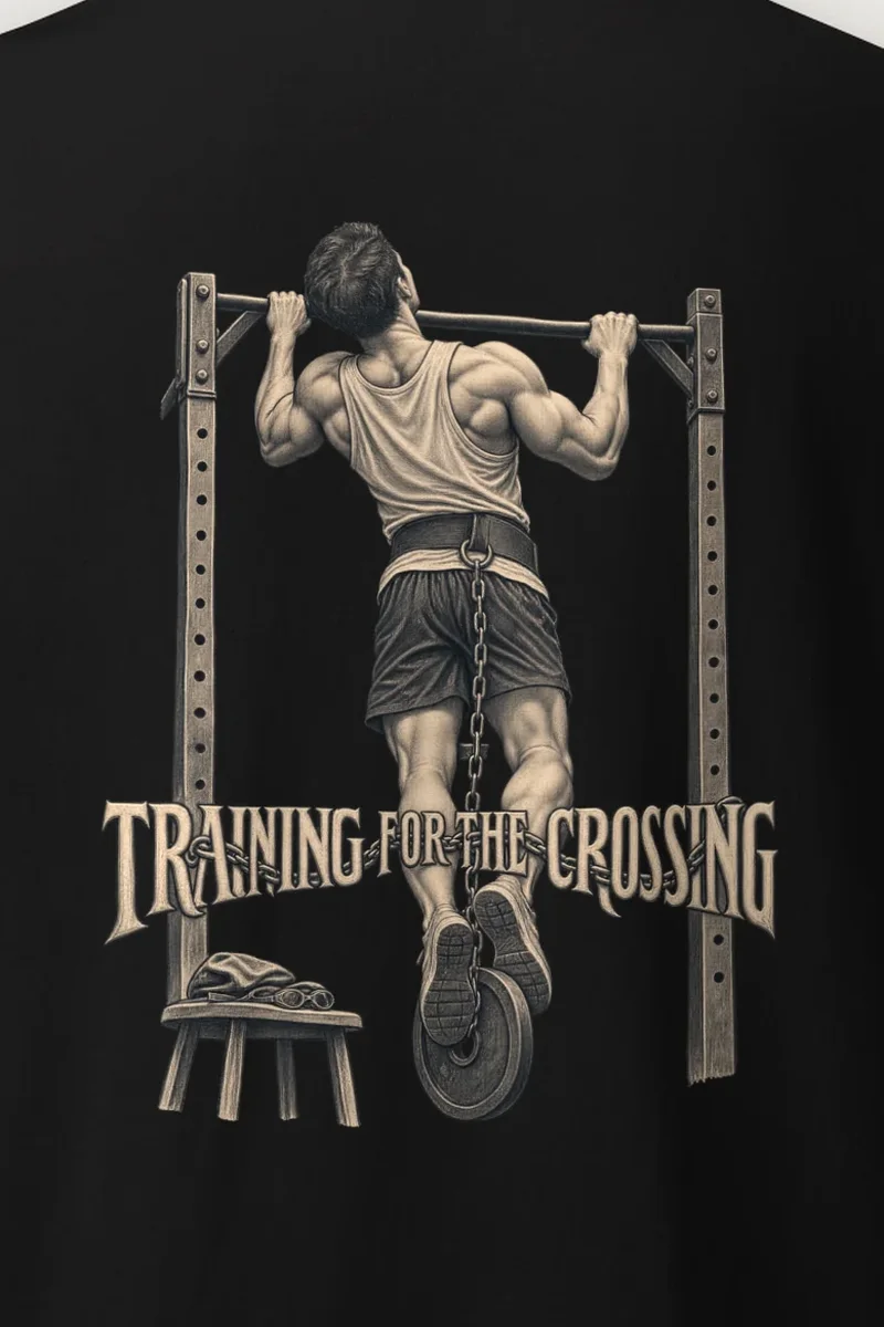 "Training for the Crossing" Heavyweight Unisex Crewneck T-shirt - the graphic up close