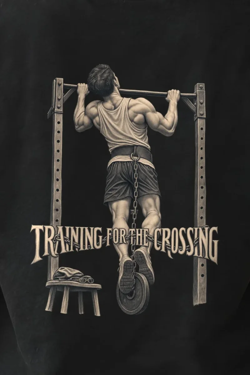 "Training for the Crossing" Heavyweight Unisex Crewneck T-shirt - the graphic up close