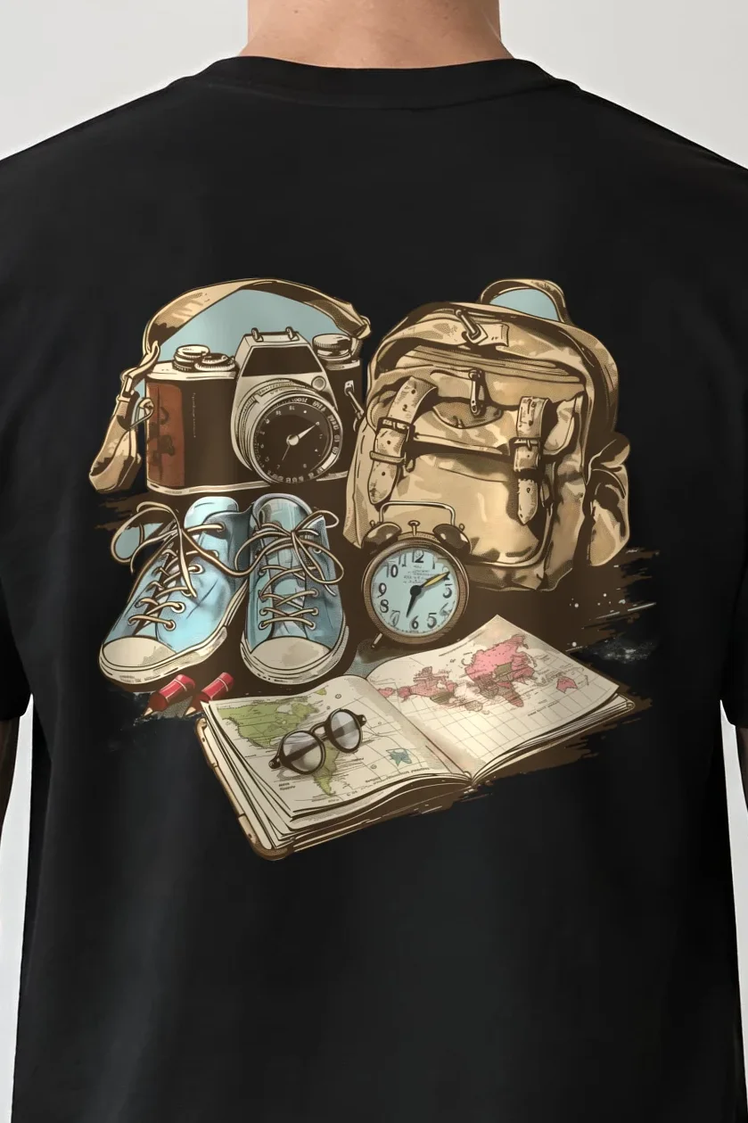 "Travel Gear Sketch" Heavyweight Unisex Crewneck T-shirt - the graphic up close