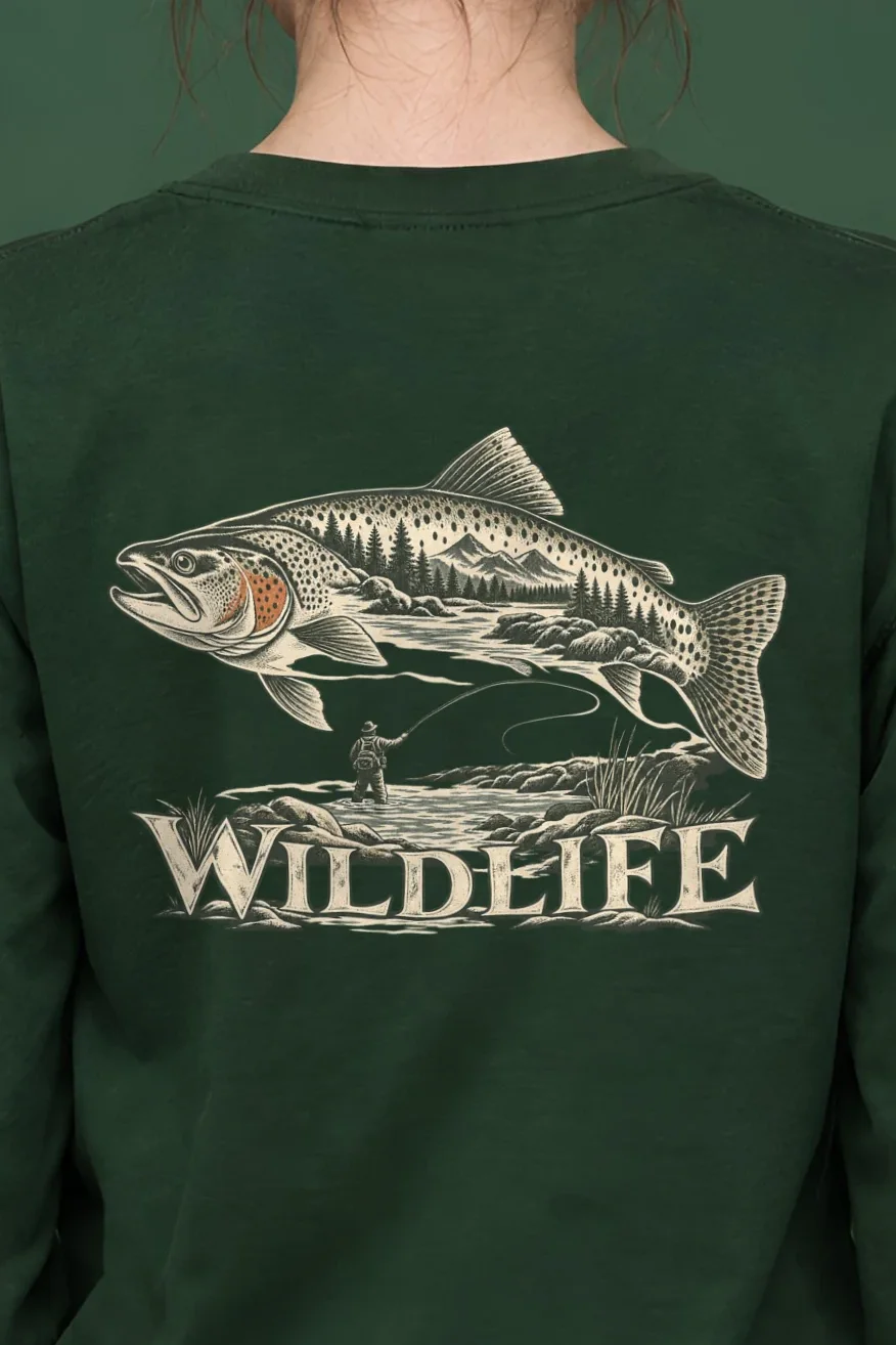 "Trout River Scene" Unisex Longsleeve T-shirt - the graphic up close