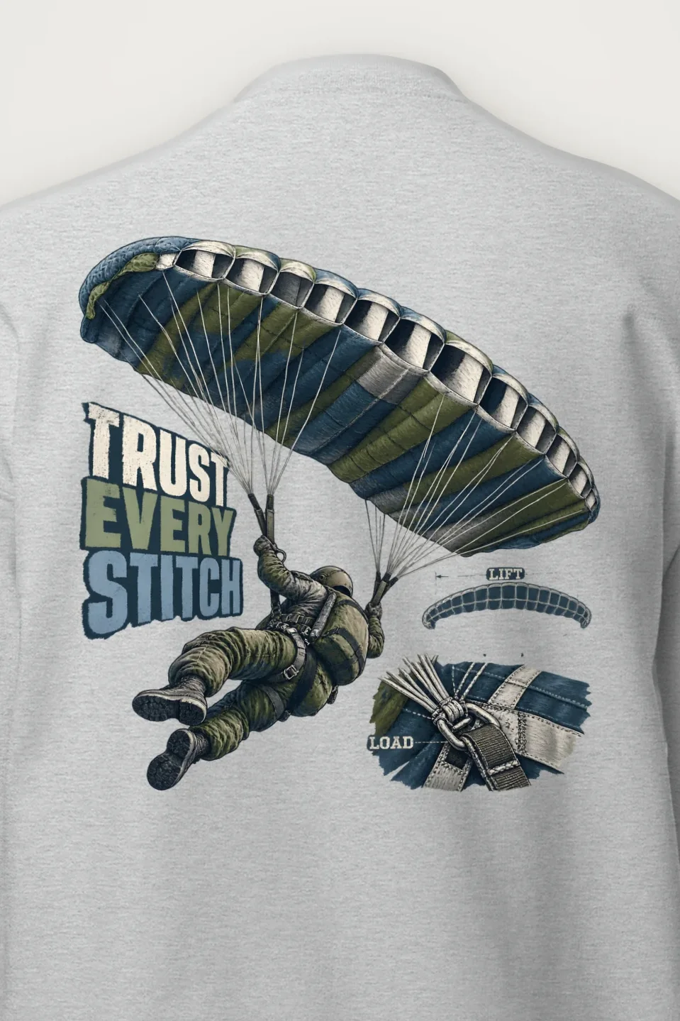 "Trust Every Stitch" Heavy Blend Unisex Crewneck Sweatshirt - the graphic up close