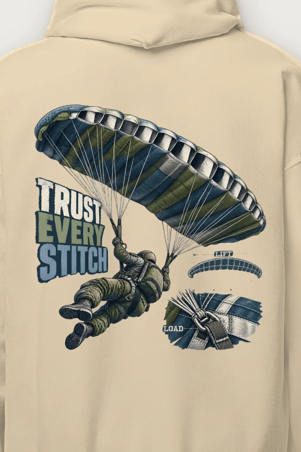 "Trust Every Stitch" Heavy Blend Unisex Pullover Hoodie - the graphic up close