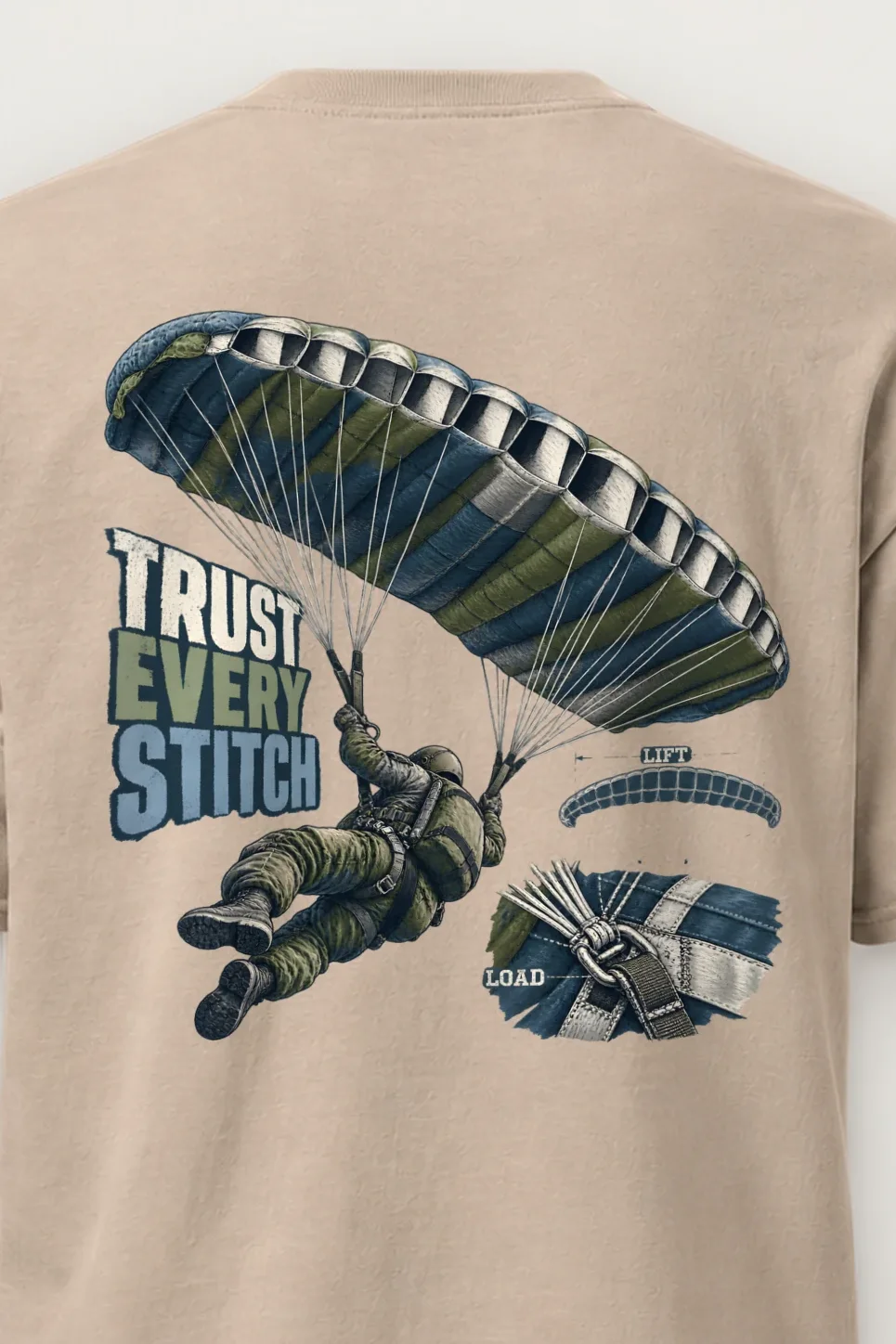 "Trust Every Stitch" Heavyweight Unisex Crewneck T-shirt - the graphic up close