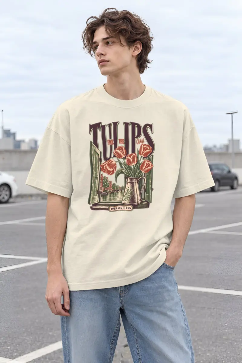 "Tulips Face the Canal" Men's Oversized Heavyweight Crewneck T-Shirt