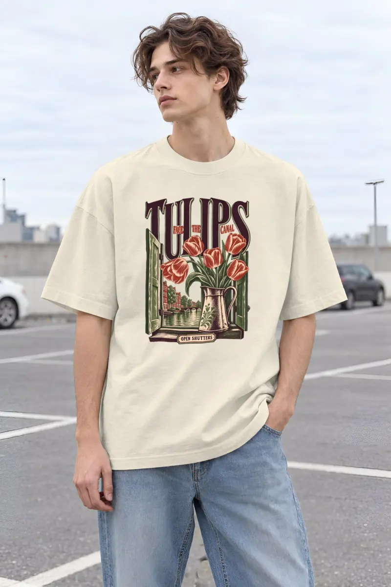 "Tulips Face the Canal" Men's Oversized Heavyweight Crewneck T-Shirt