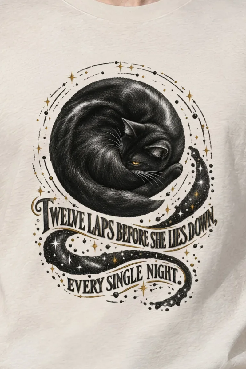 "Twelve Laps Black Cat" Heavyweight Unisex Crewneck T-shirt - the graphic up close