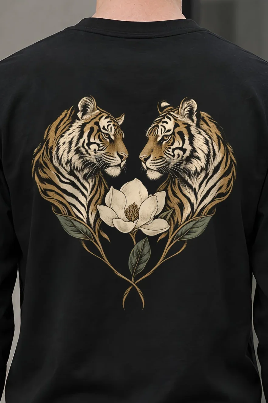 "Twin Tigers Crest" Unisex Longsleeve T-shirt - the graphic up close