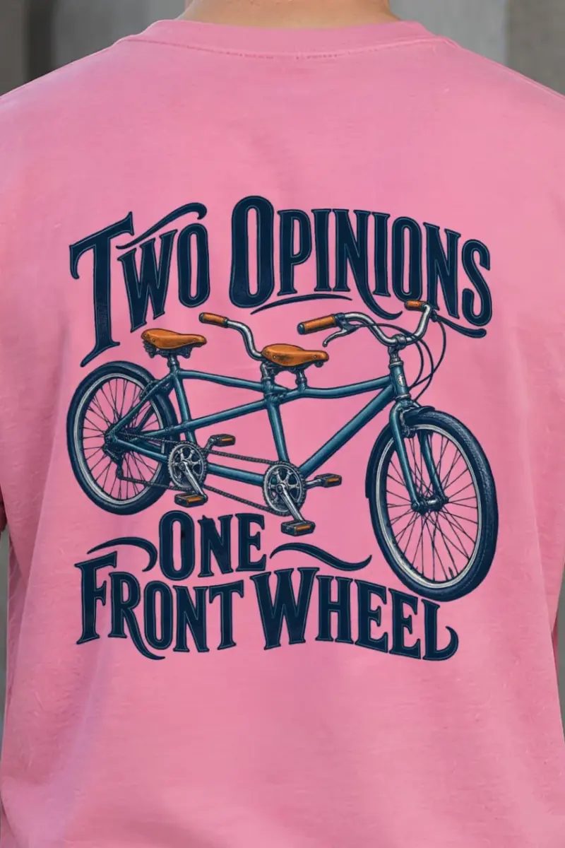 "Two Opinions One Front Wheel" Heavyweight Unisex Crewneck T-shirt - the graphic up close