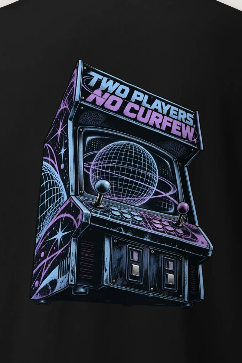 "Two Players, No Curfew" Heavyweight Unisex Crewneck T-shirt - the graphic up close