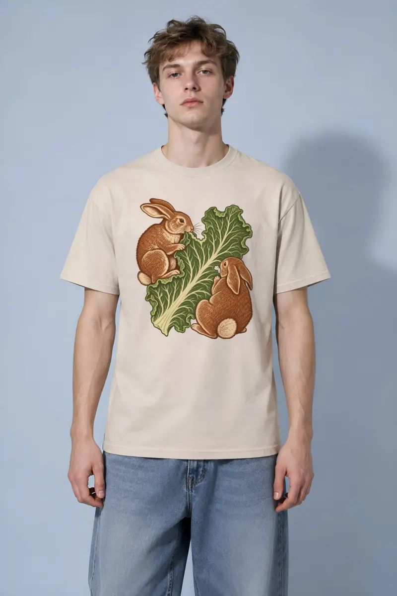 "Two Rabbits Sharing Lettuce Leaf" Heavyweight Unisex Crewneck T-shirt