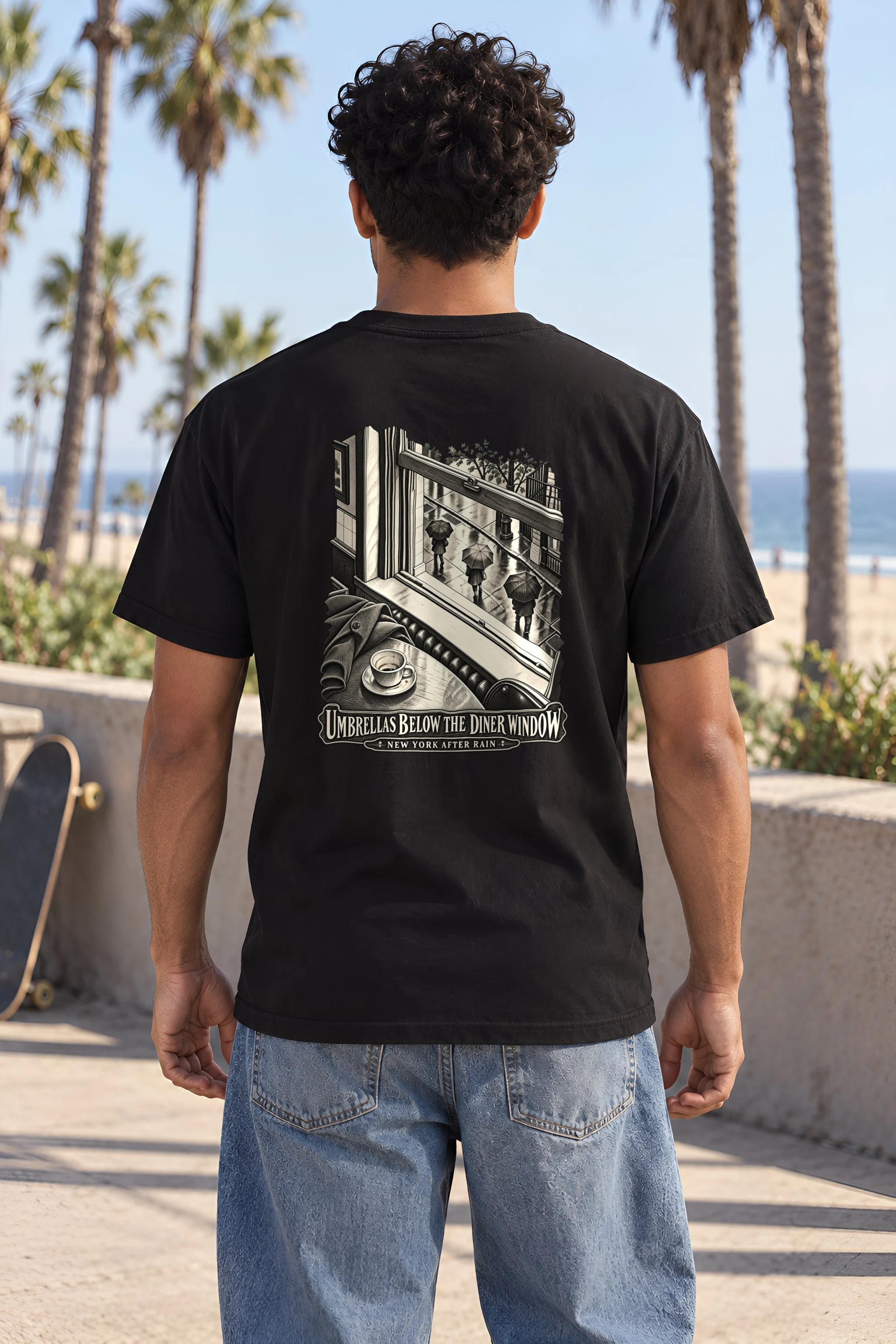 "Umbrellas Below the Diner Window" Heavyweight Unisex Crewneck T-shirt