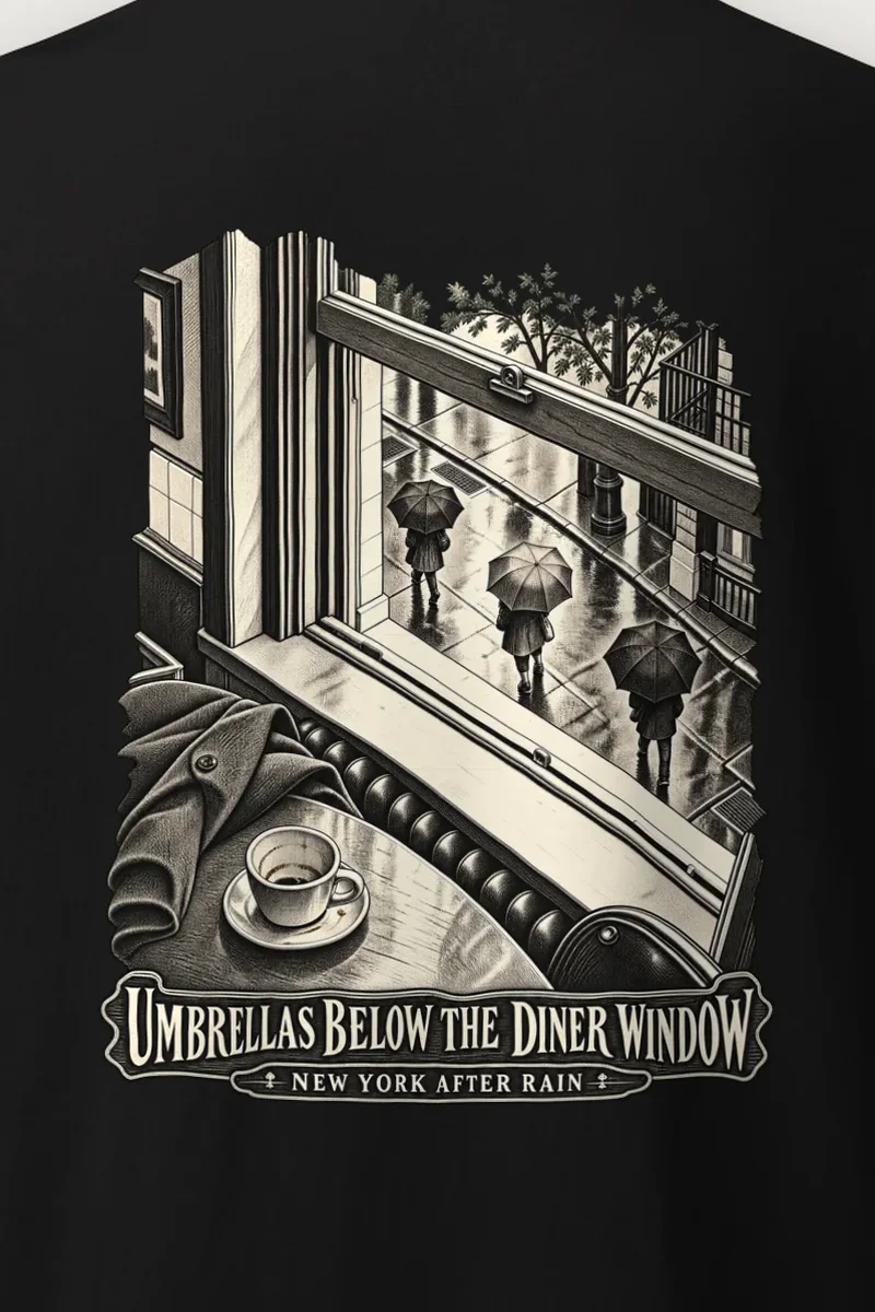 "Umbrellas Below the Diner Window" Heavyweight Unisex Crewneck T-shirt - the graphic up close