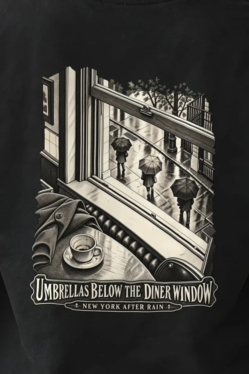 "Umbrellas Below the Diner Window" Heavyweight Unisex Crewneck T-shirt - the graphic up close