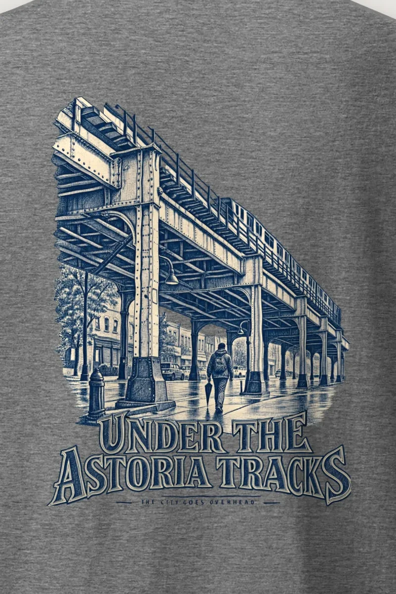 "Under the Astoria Tracks" Heavyweight Unisex Crewneck T-shirt - the graphic up close