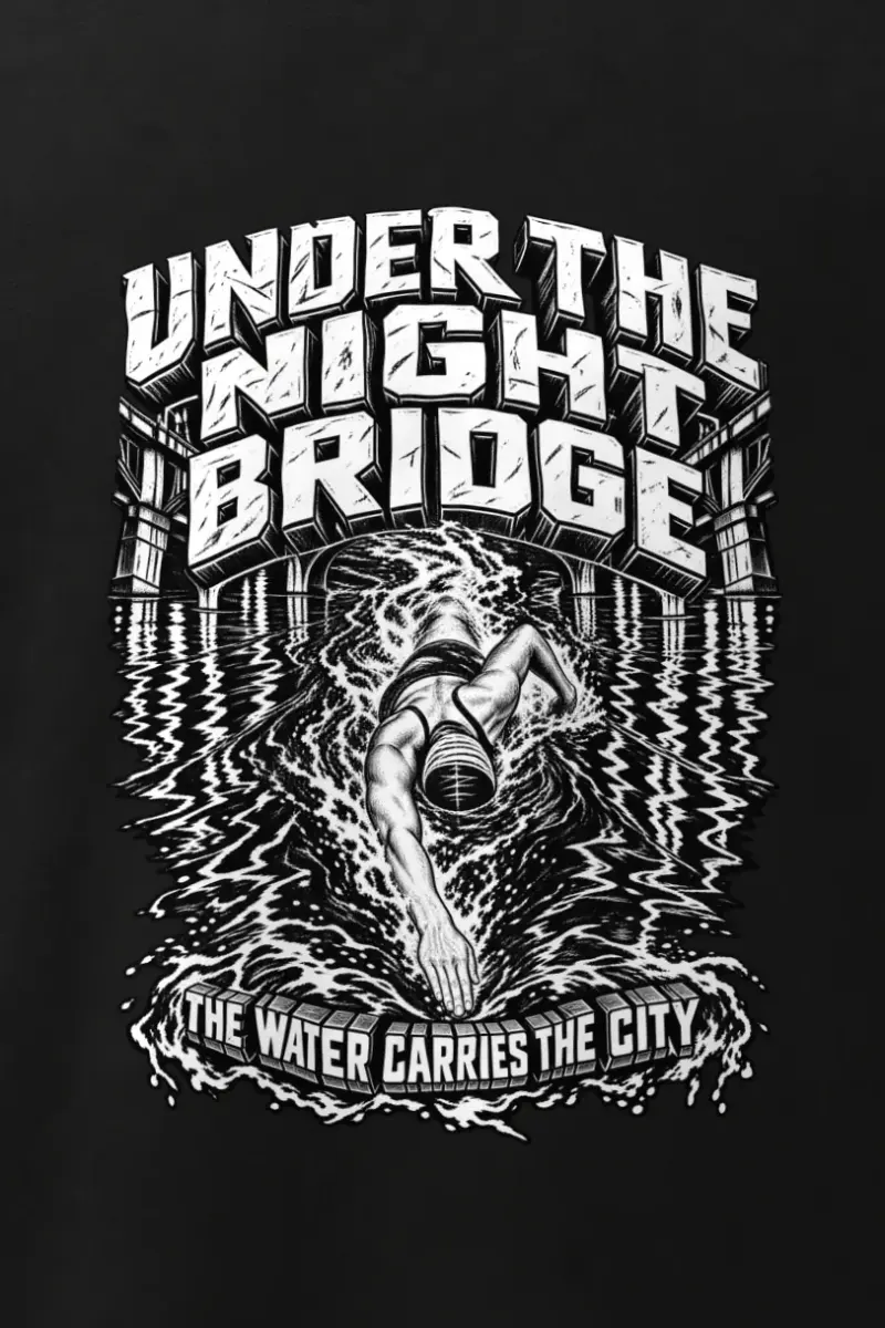 "Under the Night Bridge" Men’s Oversized Heavyweight Crewneck T-Shirt - the graphic up close