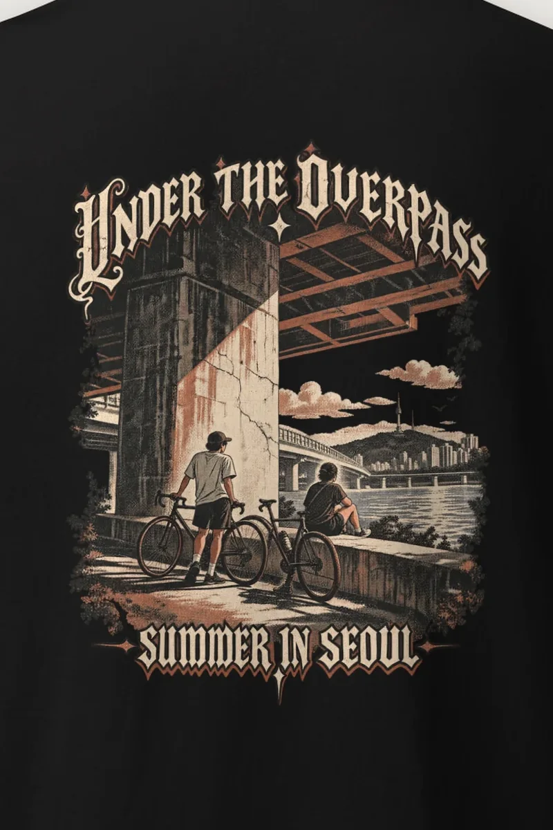 "Under the Overpass" Heavyweight Unisex Crewneck T-shirt - the graphic up close