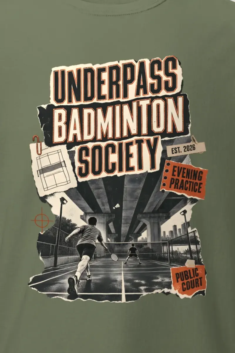 "Underpass Badminton Society" Heavyweight Unisex Crewneck T-shirt - the graphic up close