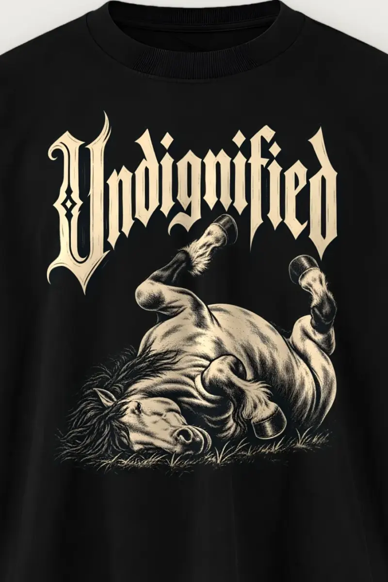 "Undignified" Men’s Oversized Heavyweight Crewneck T-Shirt - the graphic up close