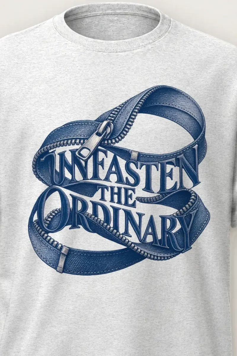 "Unfasten the Ordinary" Heavyweight Unisex Crewneck T-shirt - the graphic up close