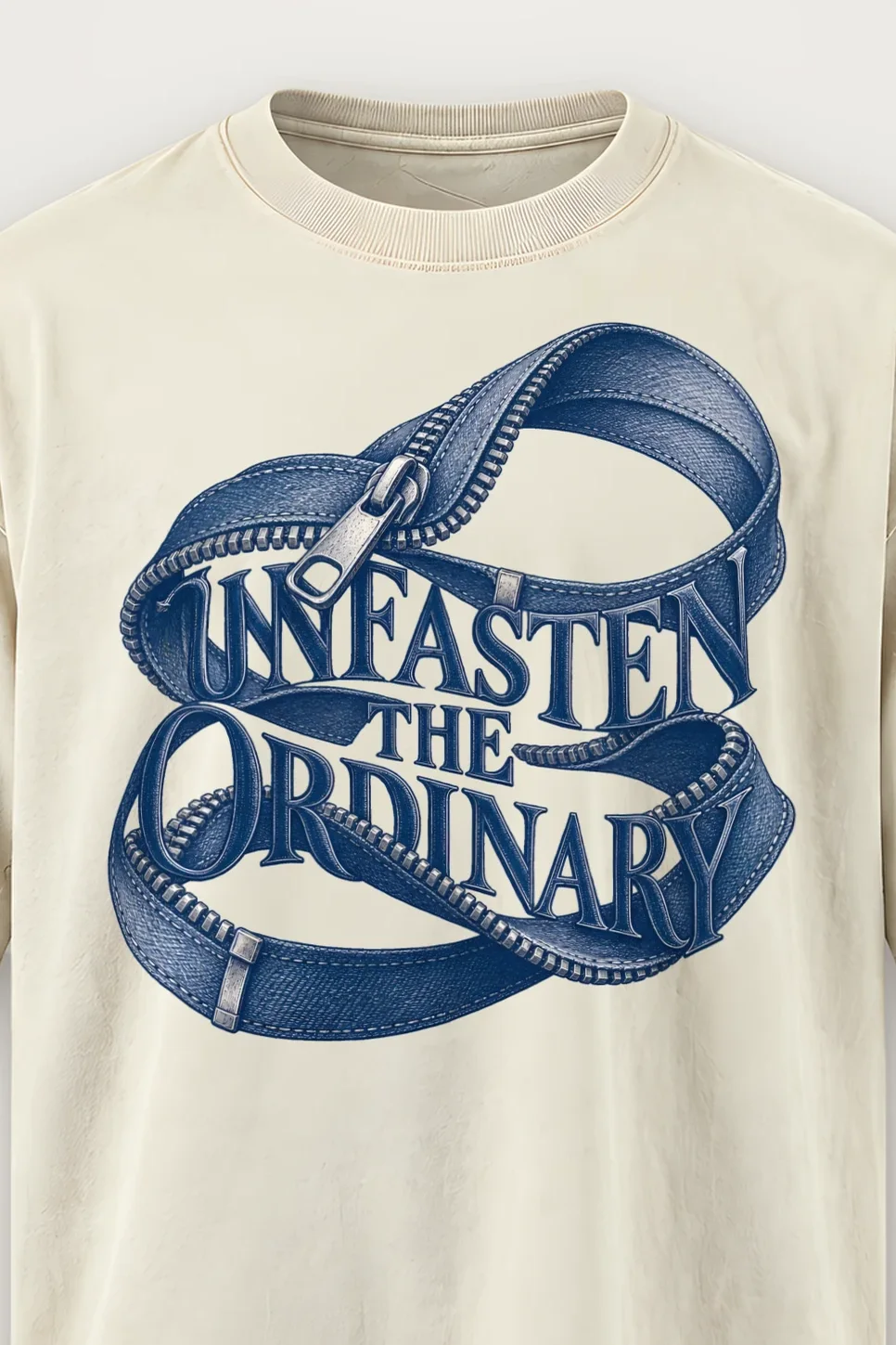 "Unfasten the Ordinary" Men’s Oversized Heavyweight Crewneck T-Shirt - the graphic up close