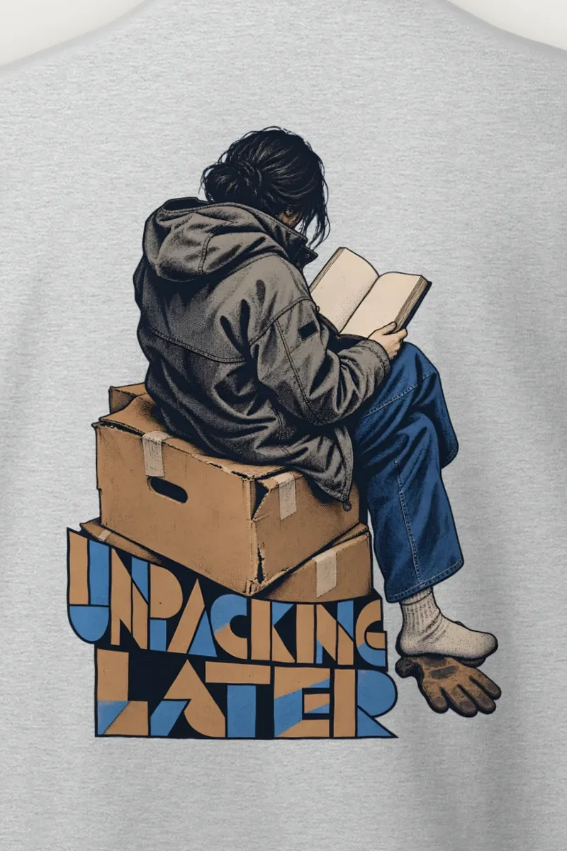 "Unpacking Later" Heavy Blend Unisex Crewneck Sweatshirt - the graphic up close