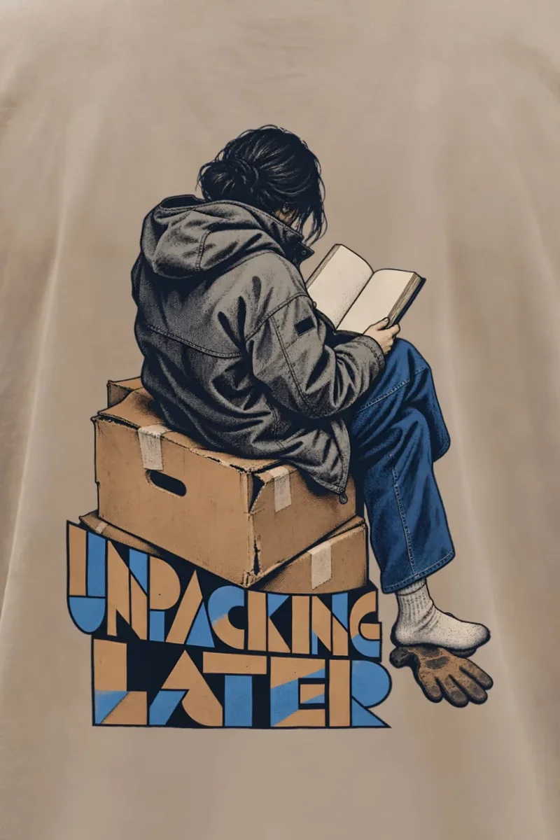 "Unpacking Later" Men’s Oversized Heavyweight Crewneck T-Shirt - the graphic up close