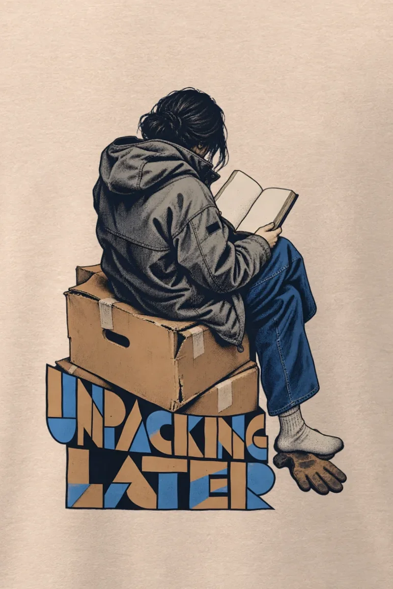 "Unpacking Later" Men’s Oversized Heavyweight Crewneck T-Shirt - the graphic up close
