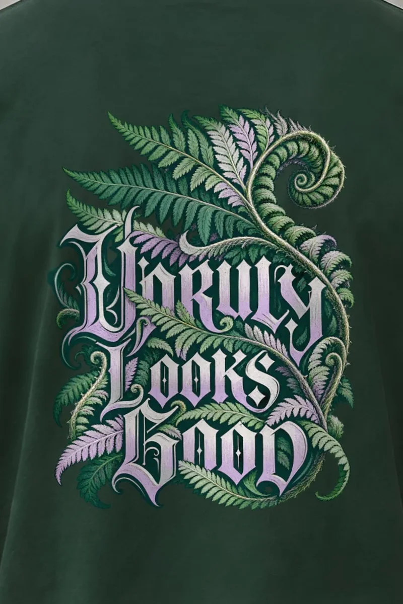 "Unruly Looks Good" Heavyweight Unisex Crewneck T-shirt - the graphic up close