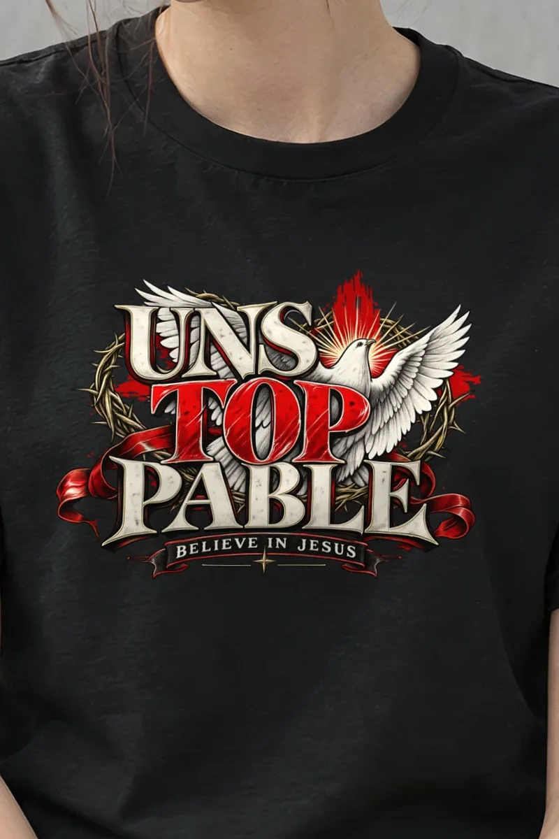"Unstoppable Believe In Jesus" Heavyweight Unisex Crewneck T-shirt - the graphic up close