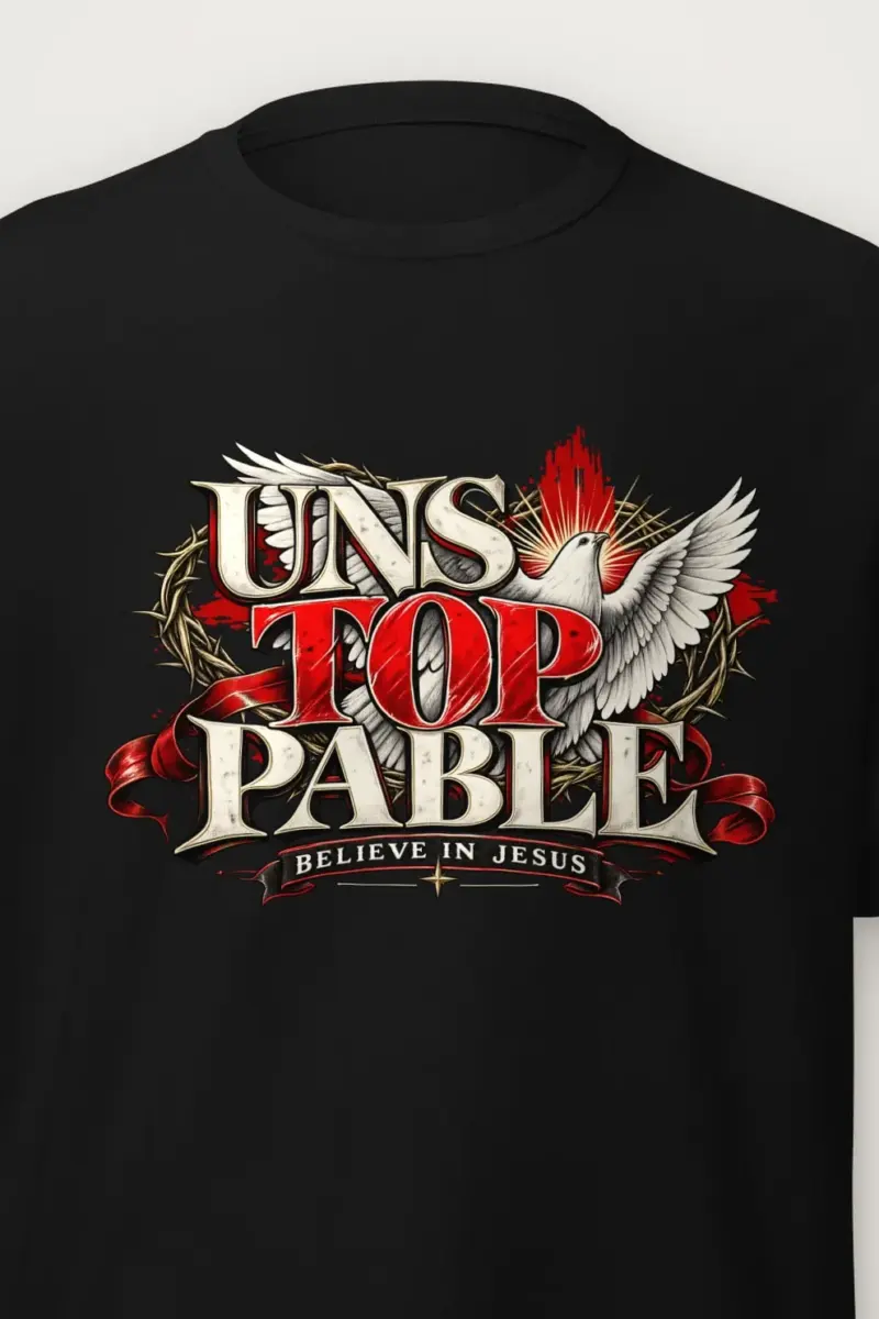 "Unstoppable Believe In Jesus" Heavyweight Unisex Crewneck T-shirt - the graphic up close