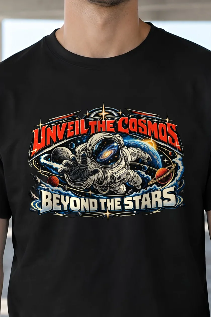 "Unveil The Cosmos Beyond" Heavyweight Unisex Crewneck T-shirt - the graphic up close