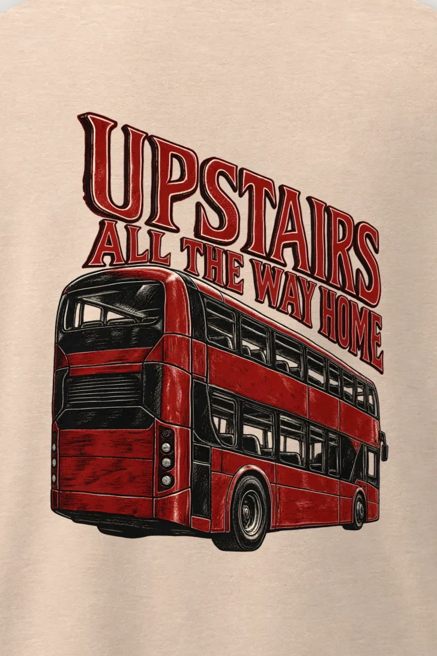 "Upstairs All the Way Home" Men’s Oversized Heavyweight Crewneck T-Shirt - the graphic up close