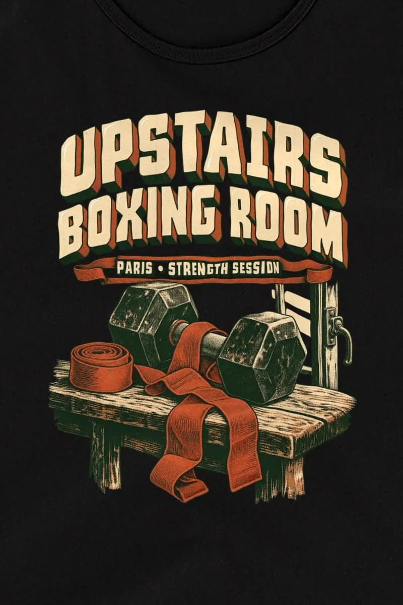 "Upstairs Boxing Room" Unisex Jersey Tank - the graphic up close