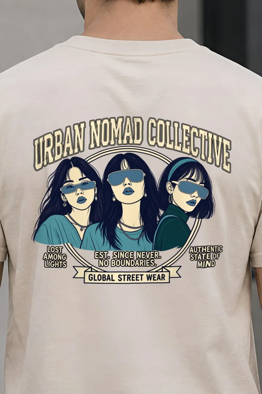 "Urban Nomad Collective" Heavyweight Unisex Crewneck T-shirt - the graphic up close