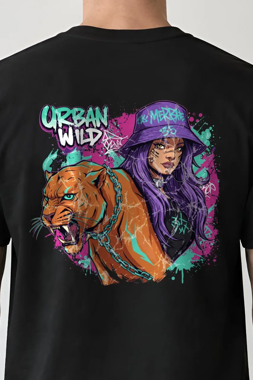 "Urban Wild" Heavyweight Unisex Crewneck T-shirt - the graphic up close