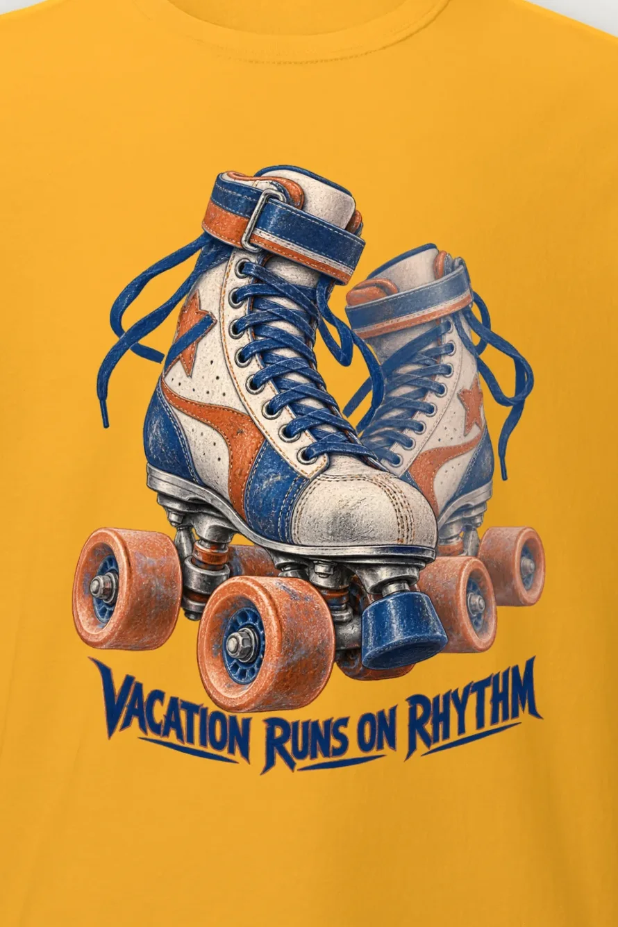 "Vacation Runs on Rhythm" Heavyweight Unisex Crewneck T-shirt - the graphic up close