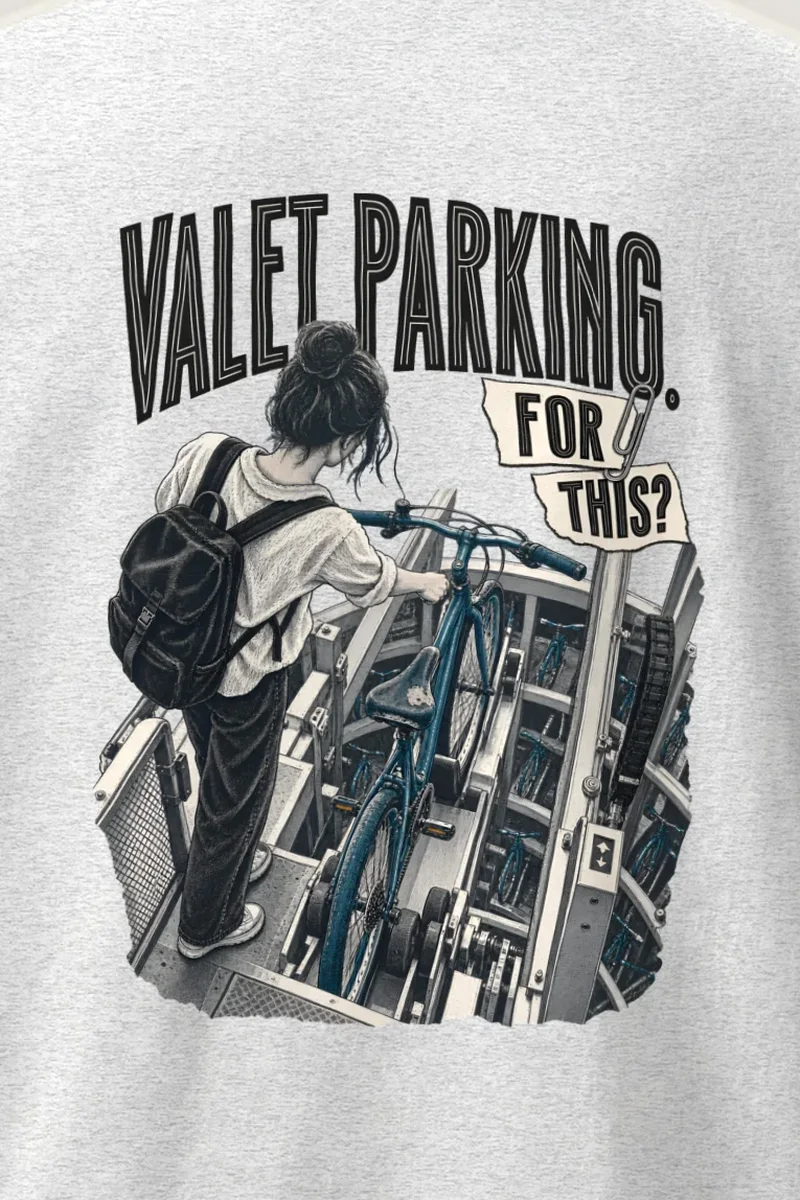 "Valet Parking, For This?" Heavyweight Unisex Crewneck T-shirt - the graphic up close
