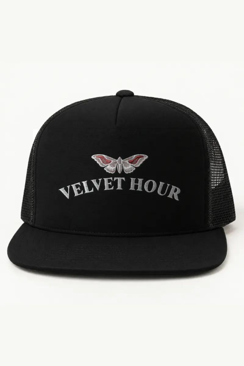 "Velvet Hour" 5 Panel Trucker Cap · Embroidered
