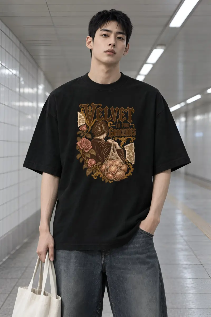 "Velvet Is for Groceries" Men's Oversized Heavyweight Crewneck T-Shirt