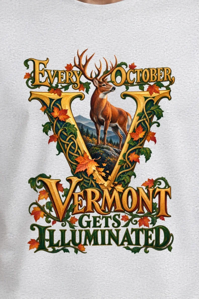 "Vermont Gets Illuminated" Heavyweight Unisex Crewneck T-shirt - the graphic up close