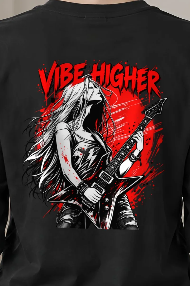 "Vibe Higher Guitarist" Unisex Longsleeve T-shirt - the graphic up close